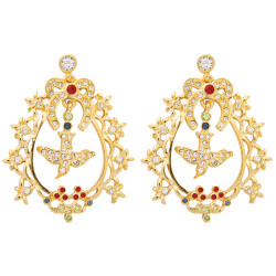 Bird in Cage Drop Earrings Victorian Style Gold Plated Metal Alloy Set With Sparkling Austrian Crystals