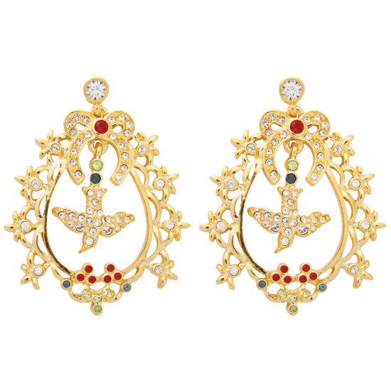 Bird in Cage Drop Earrings Victorian Style Gold Plated Metal Alloy Set With Sparkling Austrian Crystals