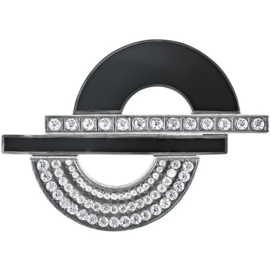 Elegant Pin Brooch Art Deco Style 925 Sterling Silver English Hallmarks Set With Black Enamel and Sparkling Crystals