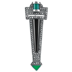 Elegant Pin Brooch Art Deco Style 925 Sterling Silver English Hallmarks Set With Onyx and Green Agate and Marcasite