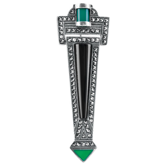 Elegant Pin Brooch Art Deco Style 925 Sterling Silver English Hallmarks Set With Onyx and Green Agate and Marcasite