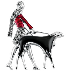 Lady and Dog Pin Brooch Art Deco Style 925 Sterling Silver English Hallmarks Set With Enamel and Marcasite
