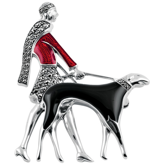 Lady and Dog Pin Brooch Art Deco Style 925 Sterling Silver English Hallmarks Set With Enamel and Marcasite