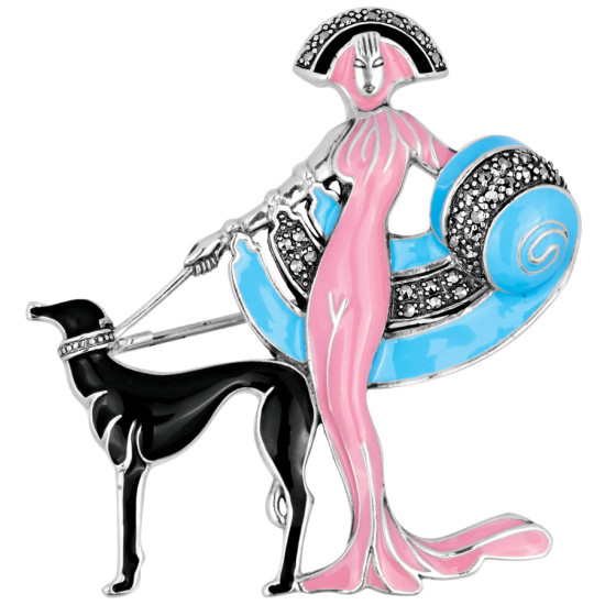 Lady and Dog Pin Brooch Art Deco Style 925 Sterling Silver English Hallmarks Set With Enamel and Marcasite