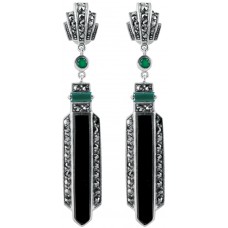 EA208   Green Agate And Onyx Art Deco Earrings Sterling Silver Ari D Norman