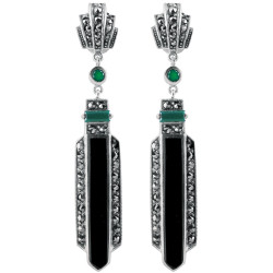 Elegant Earrings Art Deco Style 925 Silver English Hallmarks Set With Onyx Green Agate and Marcasite