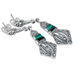 Elegant Earrings Art Deco Style 925 Silver English Hallmarks Set With Onyx Green Agate and Marcasite