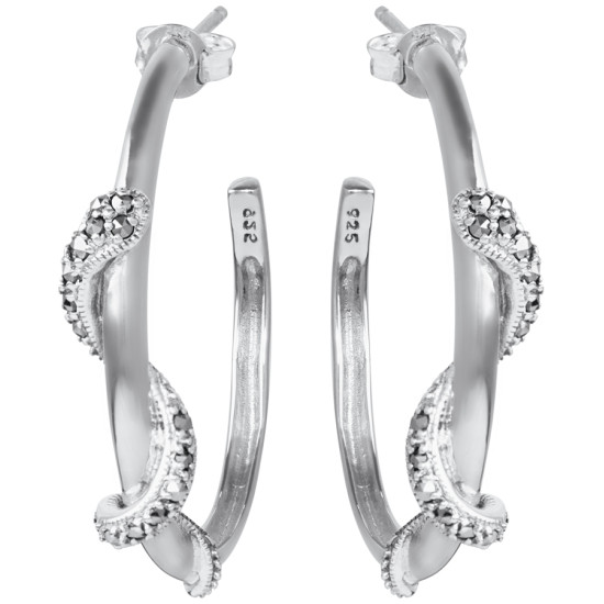Snake Hoop Earrings Art Deco Style 925 Silver English Hallmarks Set With Marcasite