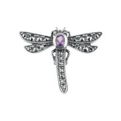 Dragonfly Pin Brooch Victorian Style 925 Sterling Silver English Hallmarks Set With Marcasite and Amethyst