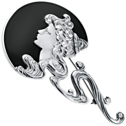 Lady's Head Pin Brooch Art Nouveau Style 925 Sterling Silver English Hallmarks Set With Enamel and Sparkling Crystals