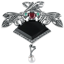 Bee Pin Brooch Art Nouveau Style 925 Sterling Silver English Hallmarks Set With Onyx Garnet Marcasite and Pearls
