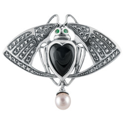 Scarab Pin Brooch Art Nouveau Style 925 Sterling Silver English Hallmarks Set With Onyx Emerald Marcasite and Pearls