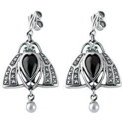 Scarab Beetle Earrings Art Nouveau Style 925 Silver English Hallmarks Set With Onyx Marcasite Emerald Eyes and Pearl