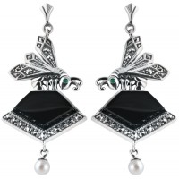 EA290   Onyx Art Nouveau Bee Earrings Sterling Silver Ari D Norman