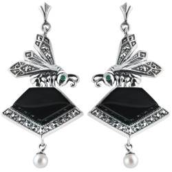Bee Earrings Art Nouveau Style 925 Sterling Silver English Hallmarks Set With Onyx Marcasite Emerald Eyes and Pearl