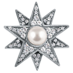 Star Pin Brooch Victorian Style 925 Sterling Silver English Hallmarks Set With Sparkling Cubic Zirconia And Pearl