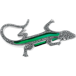 Gecko Pin Brooch Art Deco Style 925 Sterling Silver English Hallmarks Set With Green Enamel and Marcasite