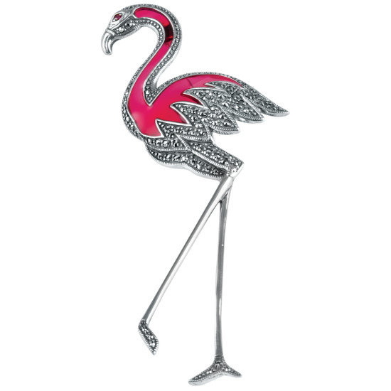 Pink Flamingo Pin Brooch 925 Sterling Silver English Hallmarks Set With Pink Enamel and Marcasite