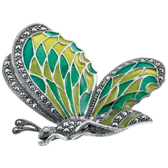 Butterfly Pin Brooch Art Nouveau Style 925 Sterling Silver English Hallmarks Set With Enamel and Marcasite