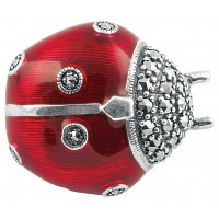 B382   Red Enamel and Marcasite Ladybird Brooch Sterling Silver Ari D Norman