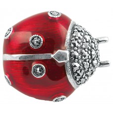 B382   Red Enamel and Marcasite Ladybird Brooch Sterling Silver Ari D Norman