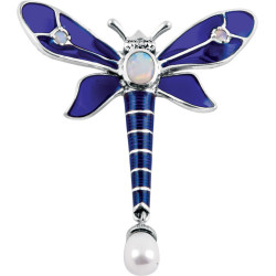 Dragonfly Pin Brooch Art Deco Style 925 Sterling Silver English Hallmarks Set With Enamel, Marcasite and Pearl