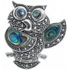B465   Marcasite and Abalone Shell Owl Brooch Sterling Silver Ari D Norman