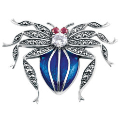 Spider Pin Brooch 925 Sterling Silver English Hallmarks Set With Enamel Marcasite and Crystals