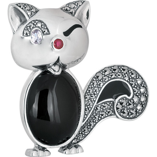 Cheeky Cat Pin Brooch 925 Sterling Silver English Hallmarks Set With Enamel Marcasite and Crystals