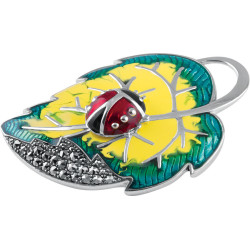 Ladybug Ladybird on Leaf Pin Brooch 925 Sterling Silver English Hallmarks Set With Enamel and Marcasite