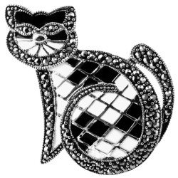 Cat Pin Brooch Art Deco Style 925 Sterling Silver English Hallmarks With Black and White Enamel and Marcasite
