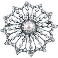 B638 - Sterling Silver Cubic Zirconia And Pearl Starburst Brooch