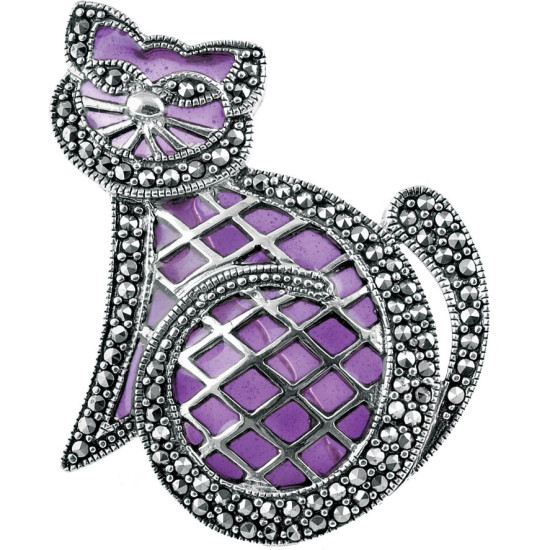 Cat Pin Brooch Art Deco Style 925 Sterling Silver English Hallmarks Set With Purple Enamel and Marcasite