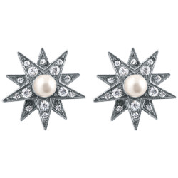 Star Earrings Victorian Style 925 Sterling Silver English Hallmarks Set With Sparkling Cubic Zirconia And Pearl