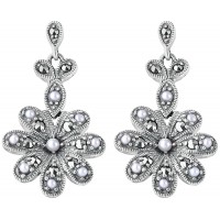 EA526   Marcasite And Pearl Art Nouveau Flower Earrings Sterling Silver Ari D Norman