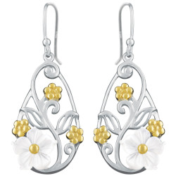 Floral Drop Earrings Victorian Style 925 Sterling Silver English Hallmarks With Gold Plating and White Shell