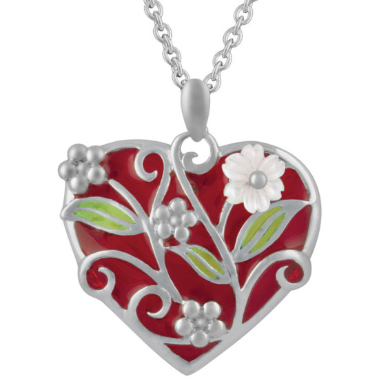 Floral Heart Necklace 925 Sterling Silver English Hallmarks Set with White Shell and Red Enamel