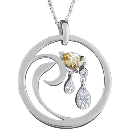 Elegant Necklace 925 Sterling Silver English Hallmarks Set With Citrine and Cubic Zirconia