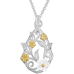 Floral Necklace Victorian Style 925 Sterling Silver English Hallmarks With Gold Plating and White Shell
