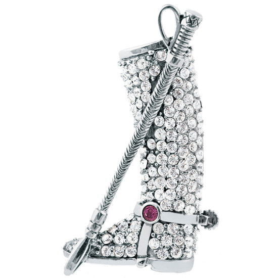 Riding Boot and Crop Pin Brooch 925 Sterling Silver English Hallmarks Set With Amethyst and Austrian Crystals