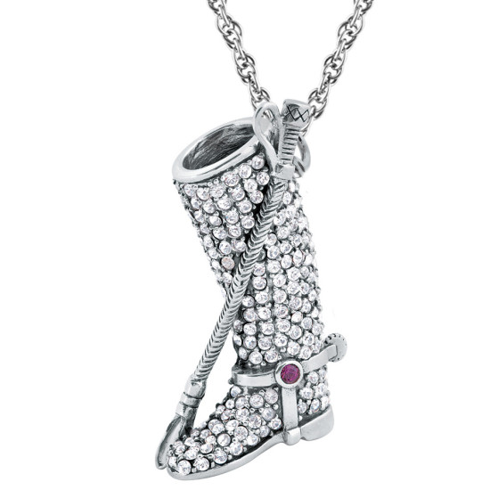 Riding Boot and Crop Pendant 925 Sterling Silver English Hallmarks Set with Austrian Crystals on 20" Sterling Silver Rope Chain