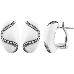 Elegant Stud Earrings Elizabethan Style 925 Sterling Silver English Hallmarks Set With White Enamel and Marcasite