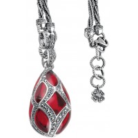 NK503   Red Enamel And Marcasite Teardrop Pendant On Chain Sterling Silver Ari D Norman