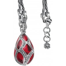 NK503   Red Enamel And Marcasite Teardrop Pendant On Chain Sterling Silver Ari D Norman