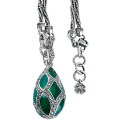Egg Shaped Necklace Elizabethan Style 925 Sterling Silver English Hallmarks Set With Green Enamel and Marcasite