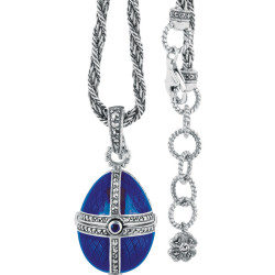Opening Egg Shaped Necklace Elizabethan Style 925 Sterling Silver English Hallmarks Set With Blue Enamel and Marcasite