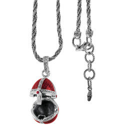 Opening Egg Shaped Necklace Elizabethan Style 925 Sterling Silver English Hallmarks Set With Red Enamel and Marcasite