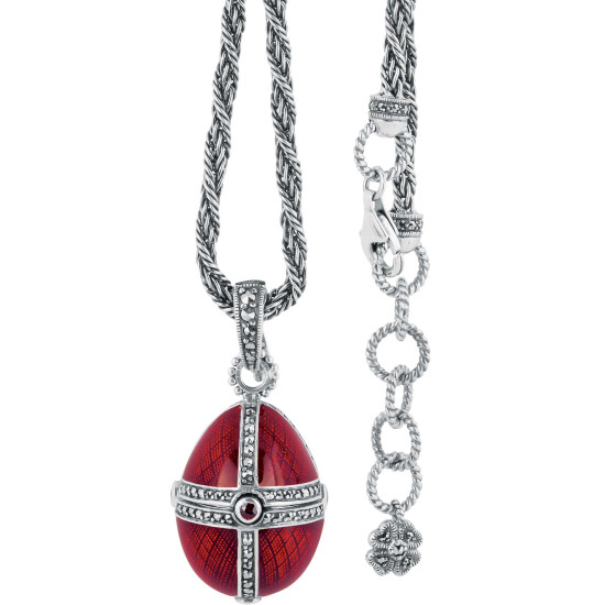 Opening Egg Shaped Necklace Elizabethan Style 925 Sterling Silver English Hallmarks Set With Red Enamel and Marcasite
