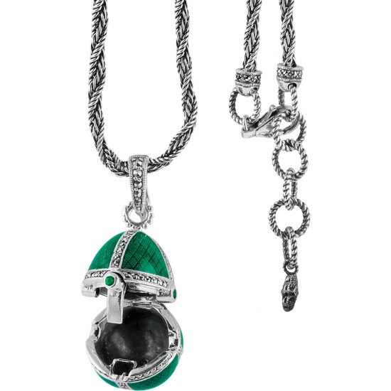 Opening Egg Shaped Necklace Elizabethan Style 925 Sterling Silver English Hallmarks Set With Green Enamel and Marcasite