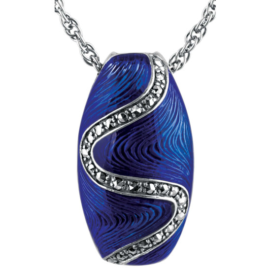Elegant Necklace Elizabethan Style 925 Sterling Silver English Hallmarks Set With Blue Enamel and Marcasite
